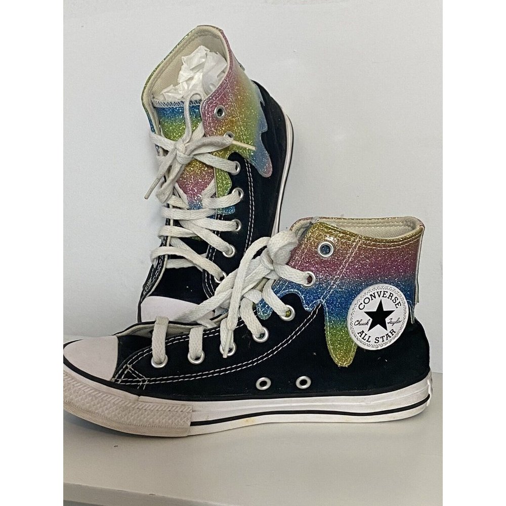 Converse Chuck Taylor All Star Glitter Drip Black Sneakers Shoes Size 2Y